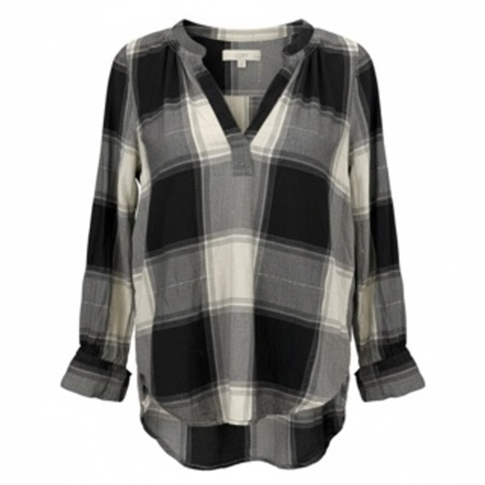 Loft Petites Black White Plaid V-Neck Long Sleeve Tie Cuff Blouse Size MP